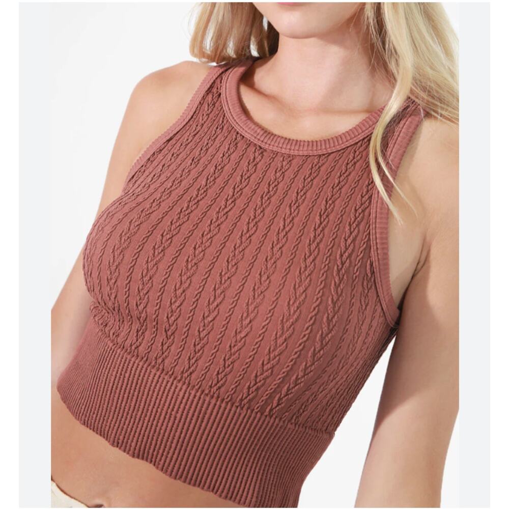 NikiBiki High Neck Seamless Cable Knit Tank Top Cami Sienna Rust Terracotta NWT